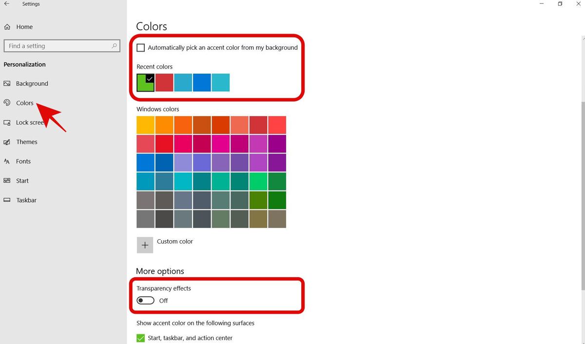 Change the colors in Windows 10