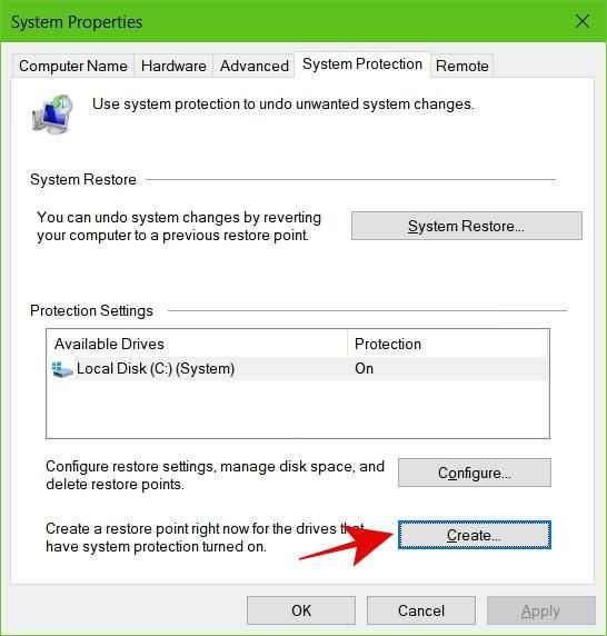 Create a restore point in Windows 10