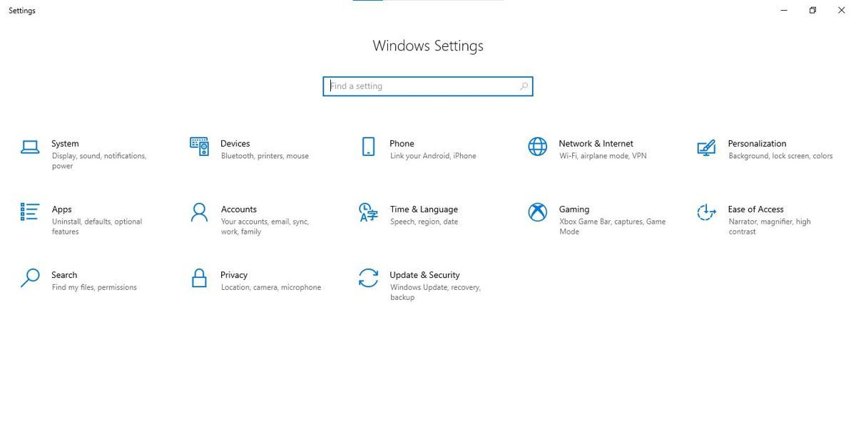 Windows 10 Settings via the Start Menu