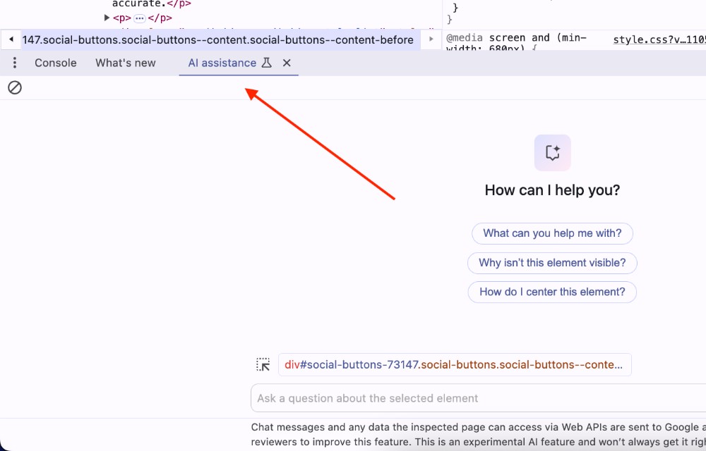 Chrome AI Assistance tab interface in DevTools