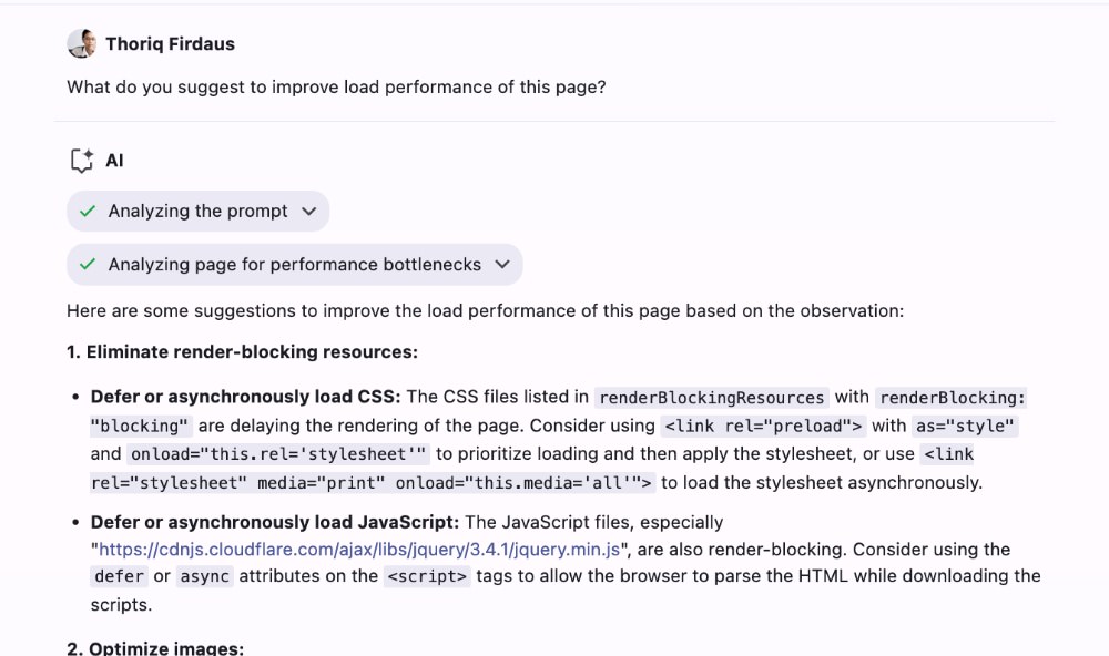 Chrome AI Assistance suggesting performance optimizations