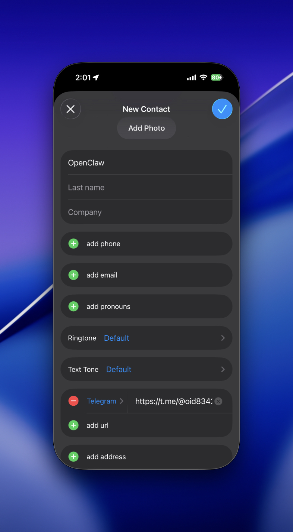 Create Telegram contact
