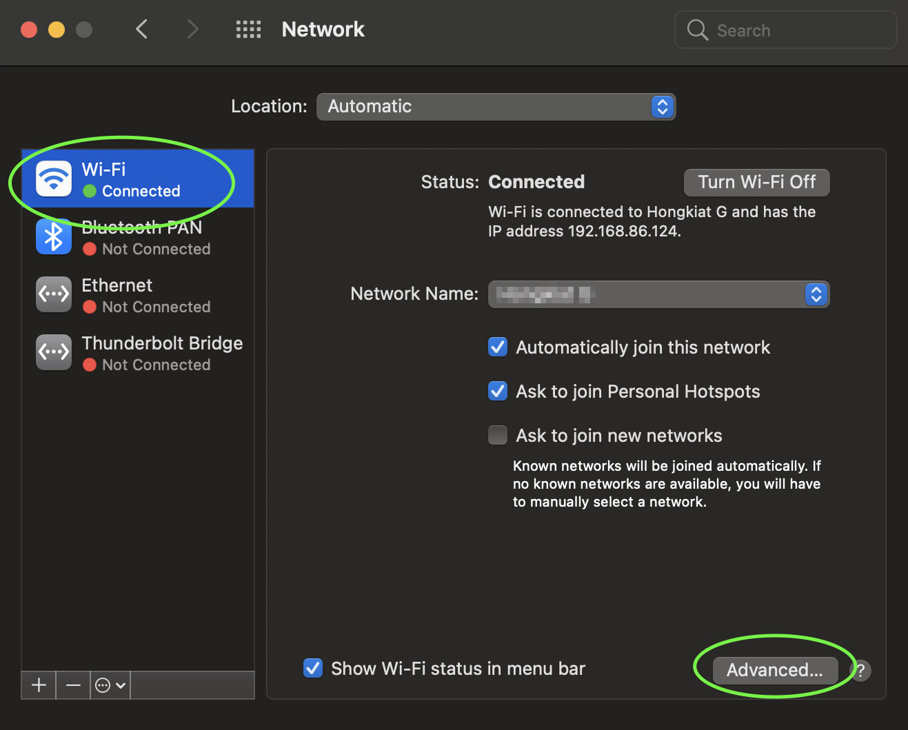 macOS network window shown in the dark color scheme with the Wifi section highlighted on the left