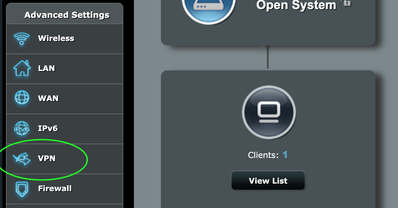 Router admin section with the VPN menu higlighted