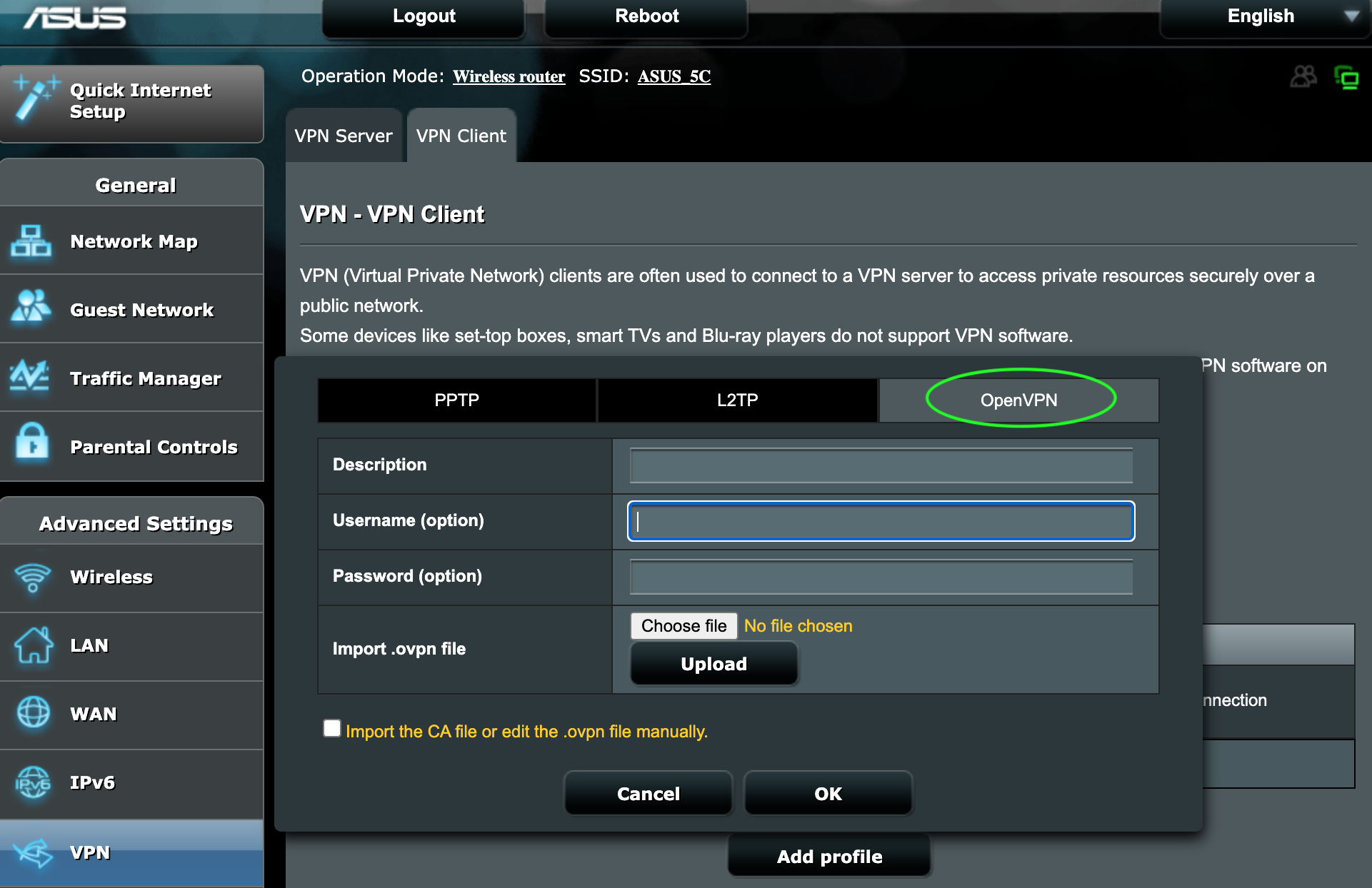 VPN popup window with fields to fill in the username, password, description and to import the OpenVPN configuration.