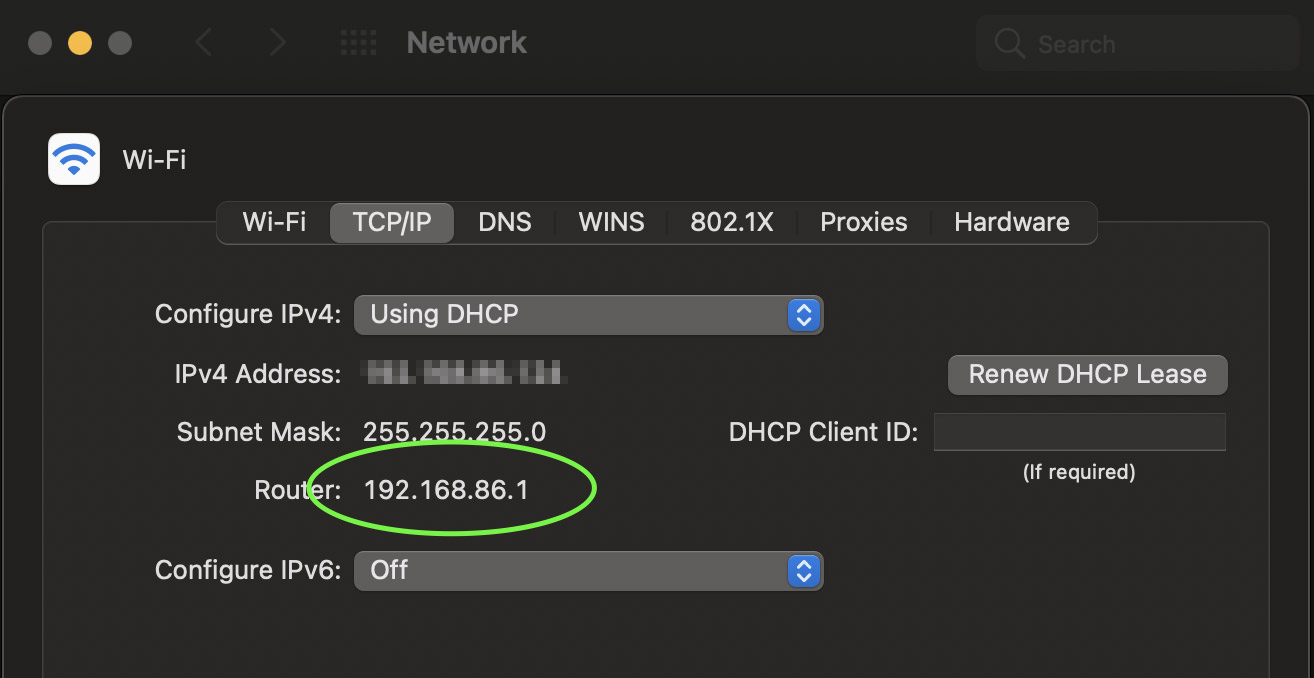 TCP/IP section on the network with the Router IP highlighted