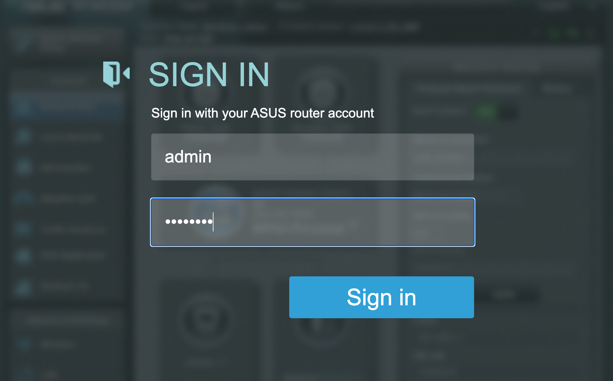 Router login screen, showing two fields to input the username and password