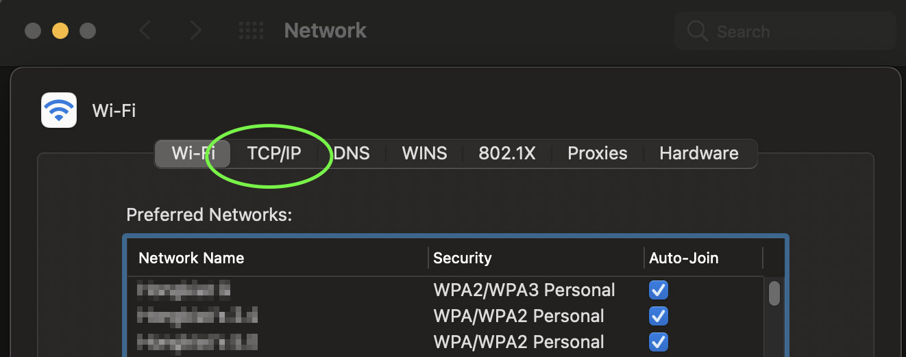 Wi-fi section on the network window showing sub-section navigation such as TCP/IP, DNS, and WINS