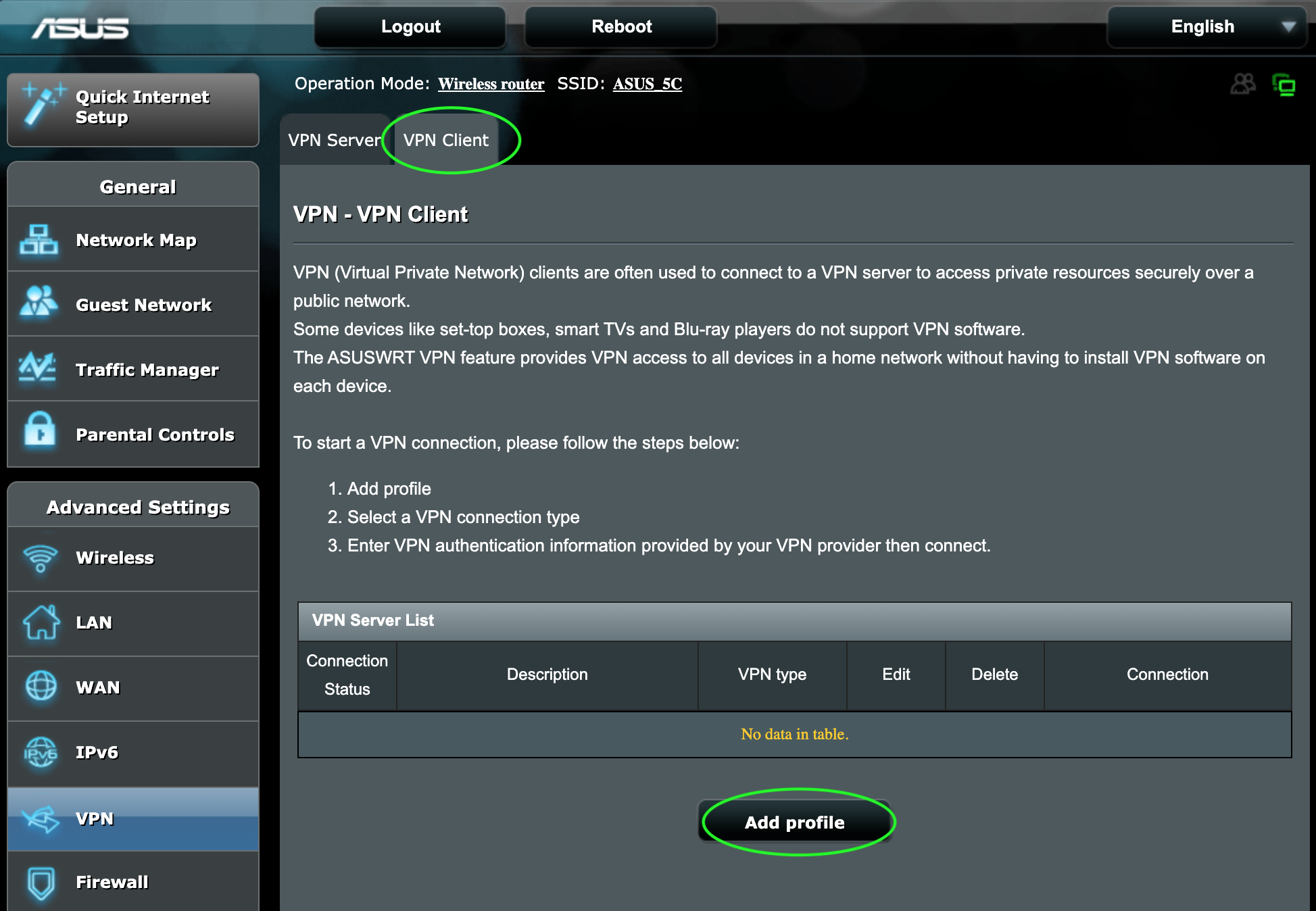 Router admin dashboard showing the VPN Client section on the VPN page