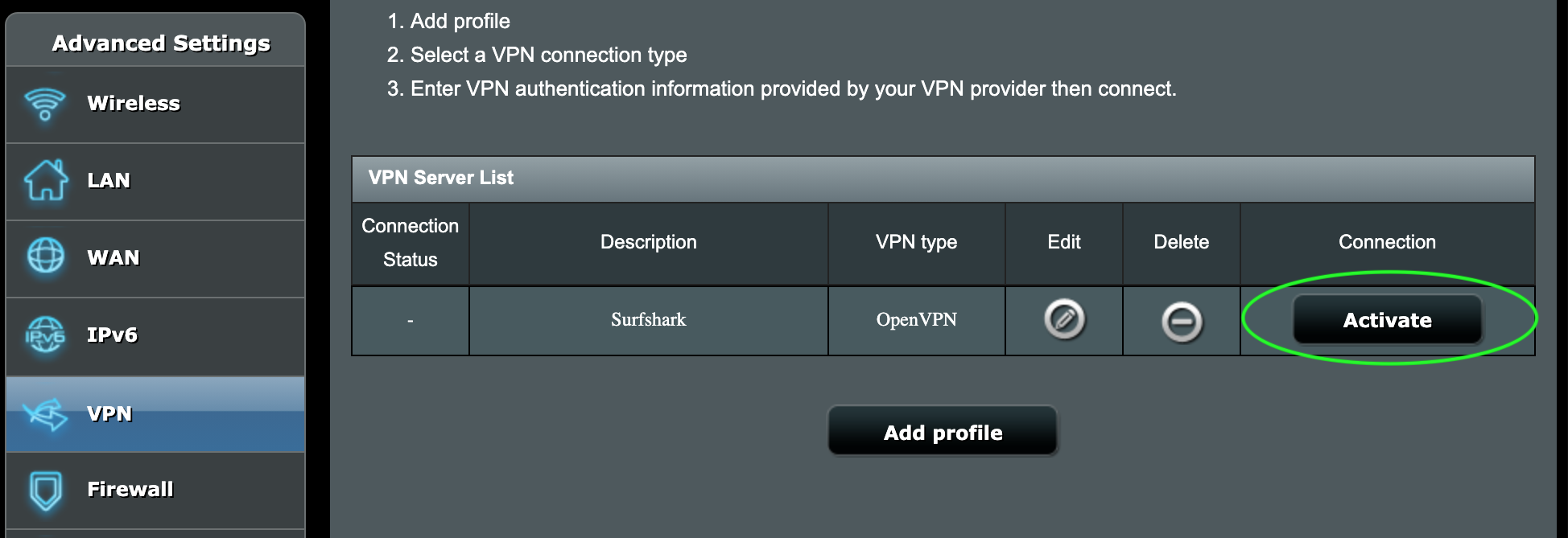 VPN table list with the button to activate