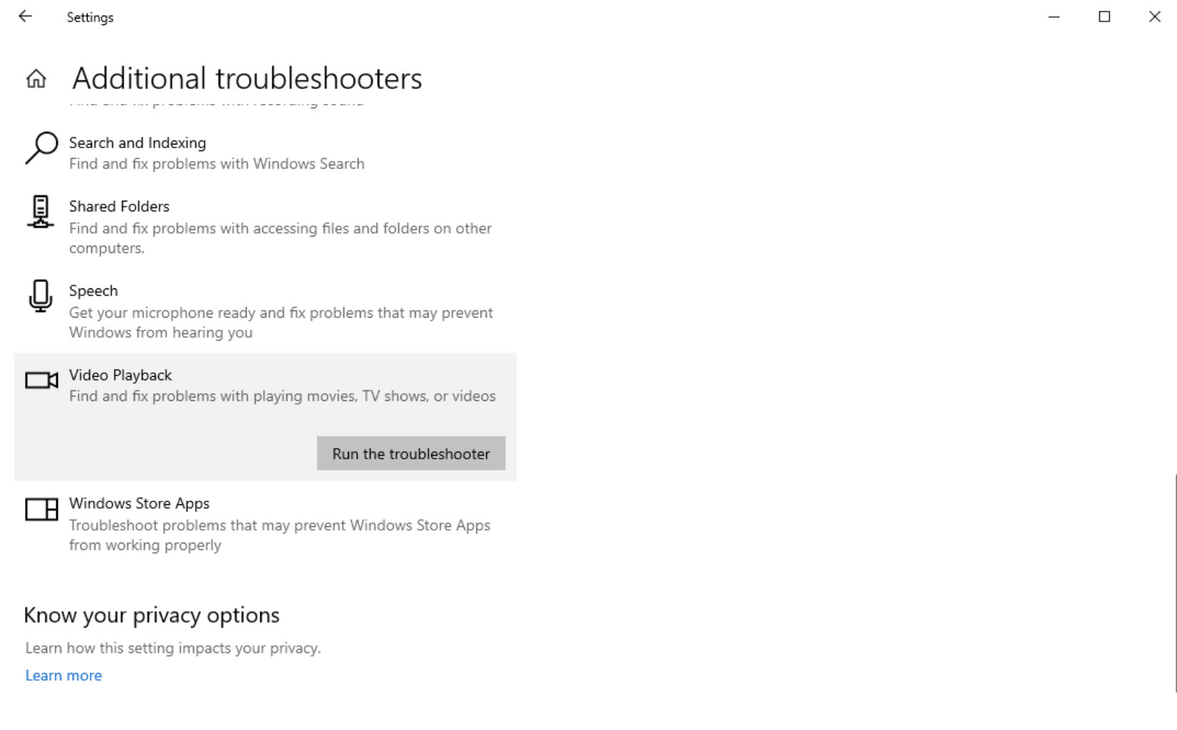 Video Playback Troubleshooter Selection