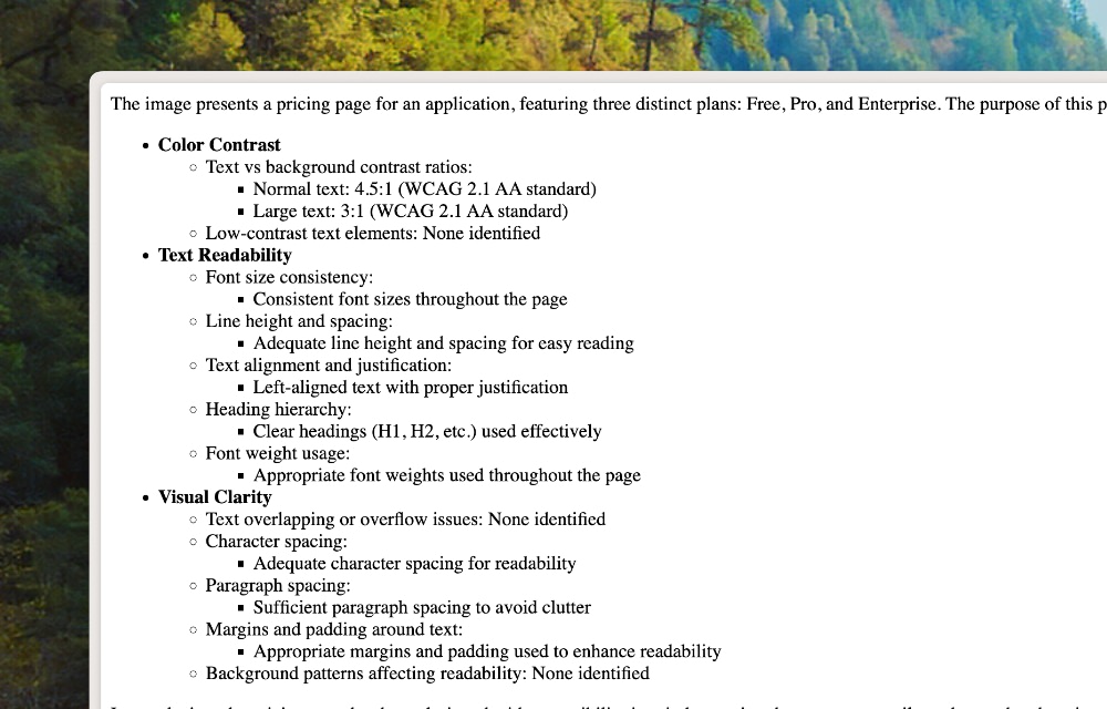 AI accessibility testing results for pricing table