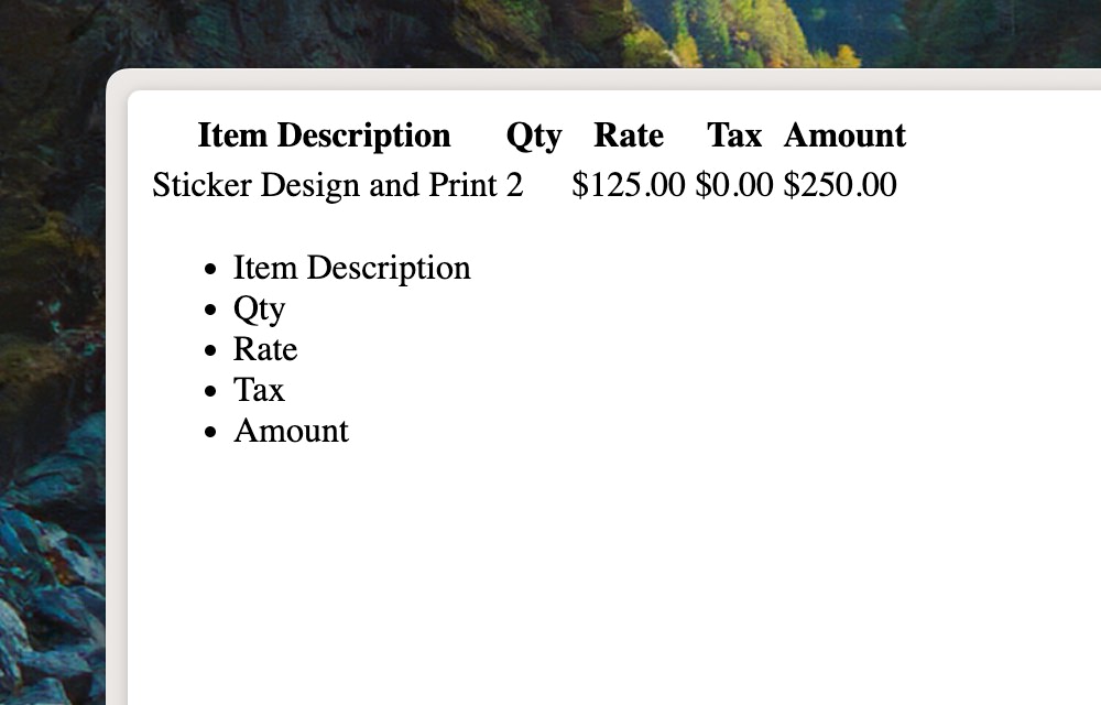 Markdown table extracted from invoice image