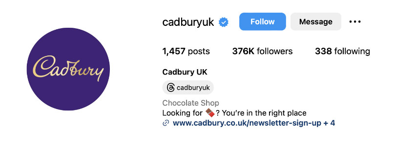 Screenshot showing Cadbury's Instagram