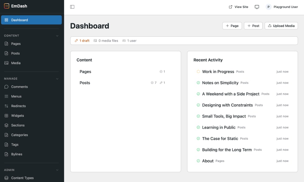 EmDash CMS online playground interface