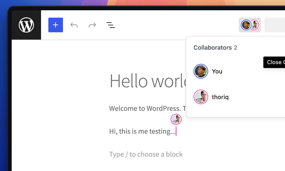 WordPress block editor with multiple collaborators editing a post