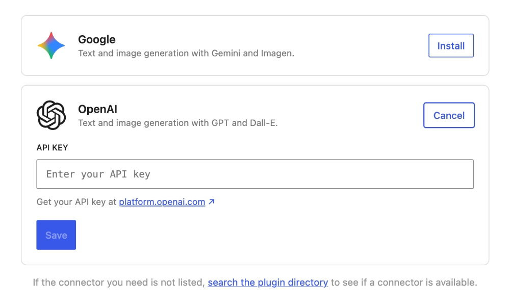 WordPress Connectors settings screen in the admin area