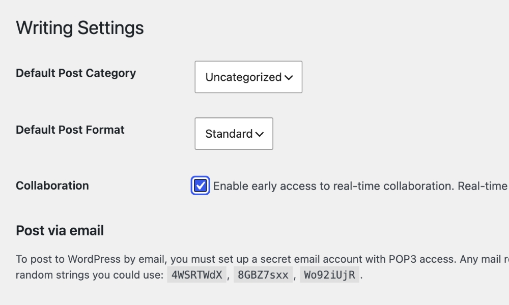 WordPress Writing settings showing the Collaboration section