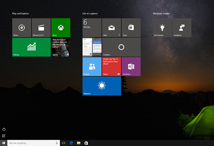 The start menu going full screen