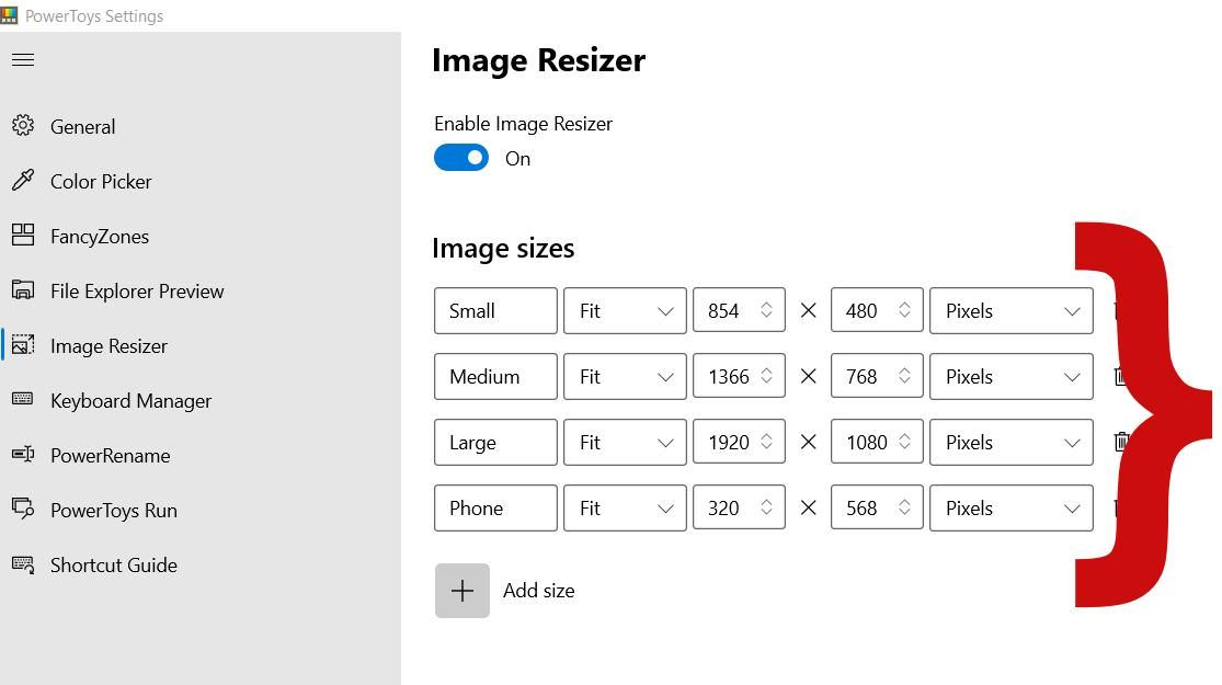 Настроить размеры для Image Resizer