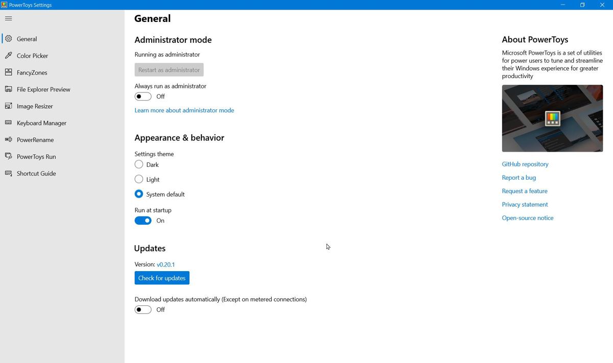 PowerToys Settings in Windows 10