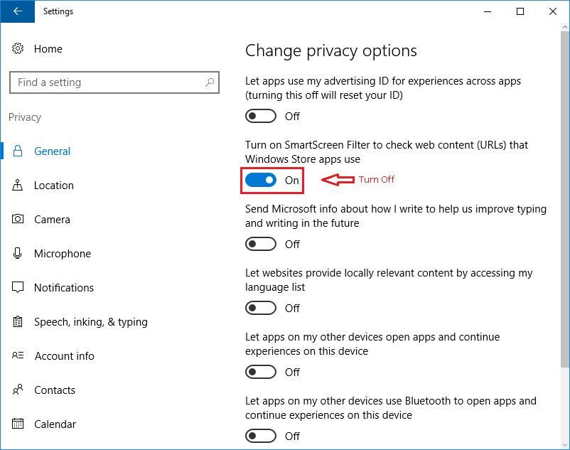 Change Privacy Settings - SmartScreen Filter