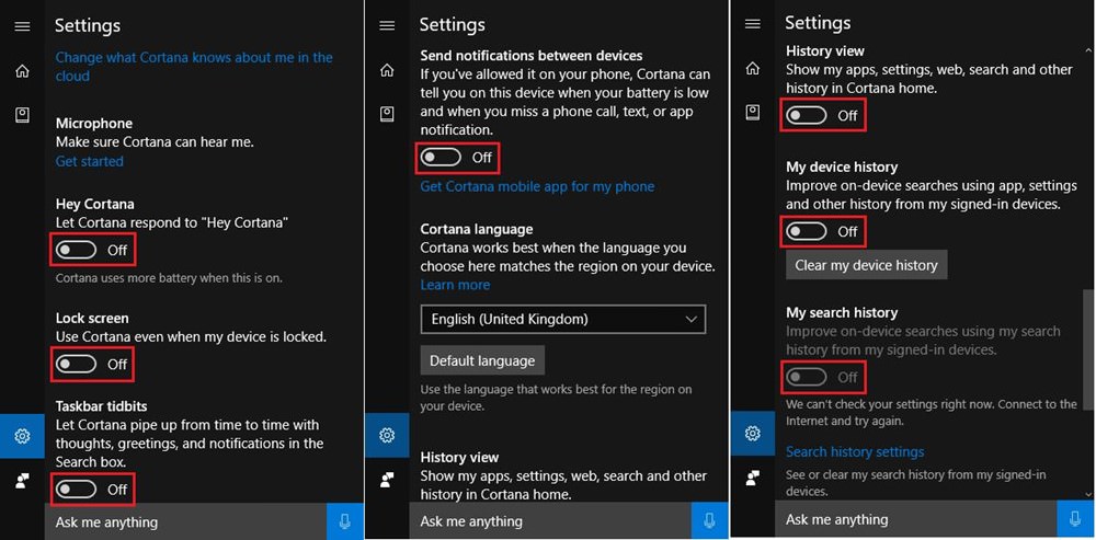 Disable Cortana using its Settings