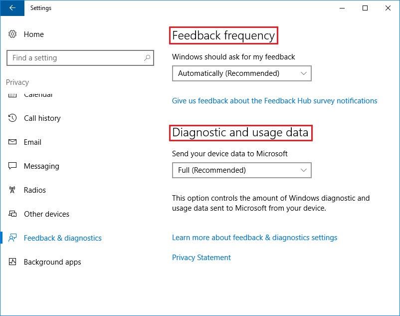 Feedback and diagnostics settings