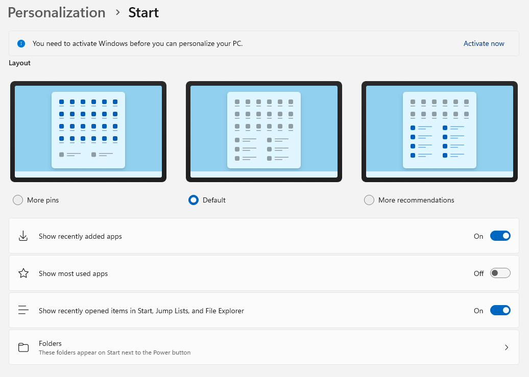 Configure the Start menu in Windows 11