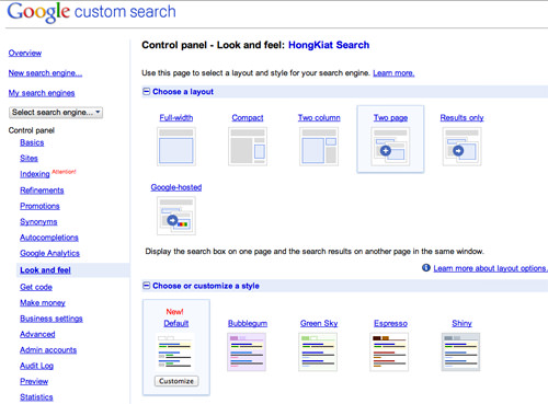 Choosing Google CSE Layout