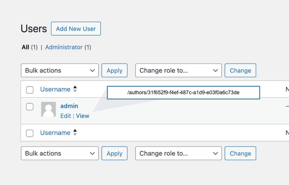 WordPress admin panel showing author URL with UUID implementation