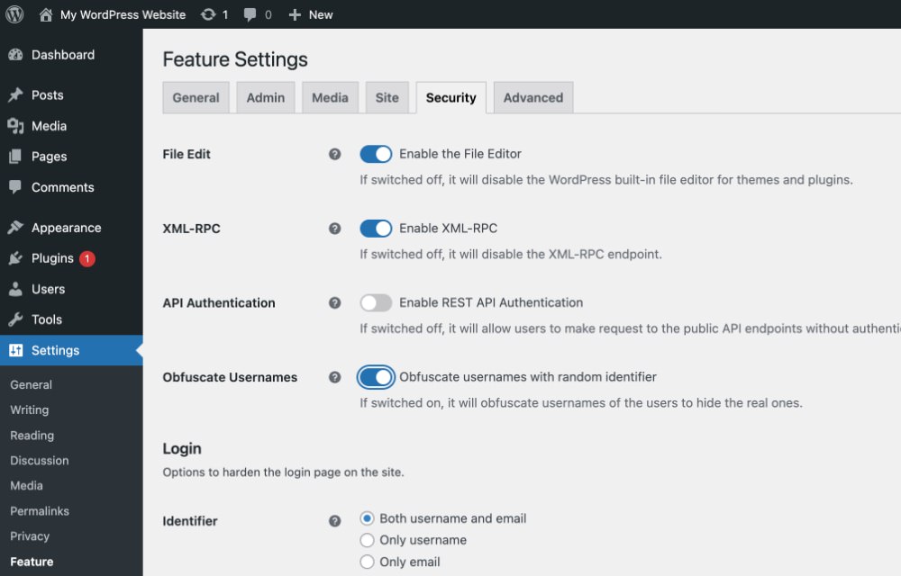 WordPress Feature Flipper plugin settings interface showing security options