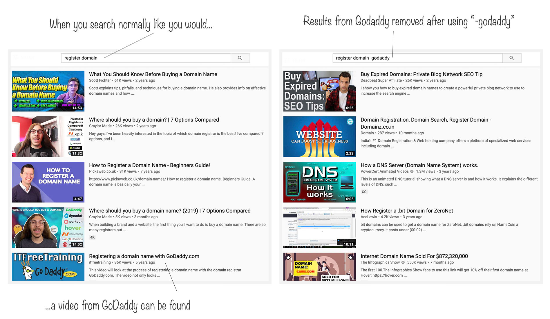 Demonstration of excluding GoDaddy from search results on YouTube