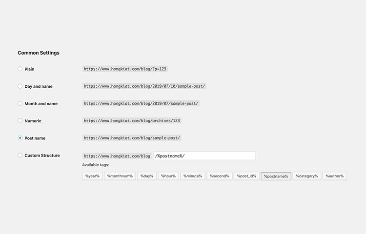 Several input fields to customize permalink