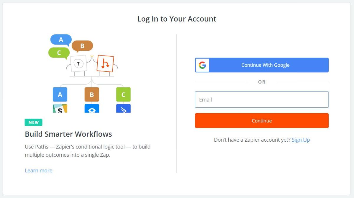 Log in to or sign up at Zapier